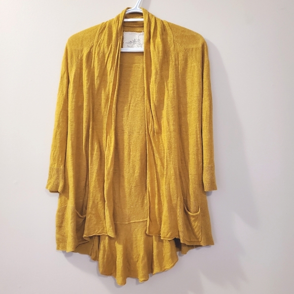 Angel of the North (Anthropologie) Linen Blend Mustard Yellow Cardigan - Size S - Picture 2 of 7